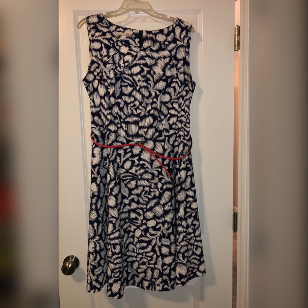 Blue and White Sleeveless Dress with Coral Belt